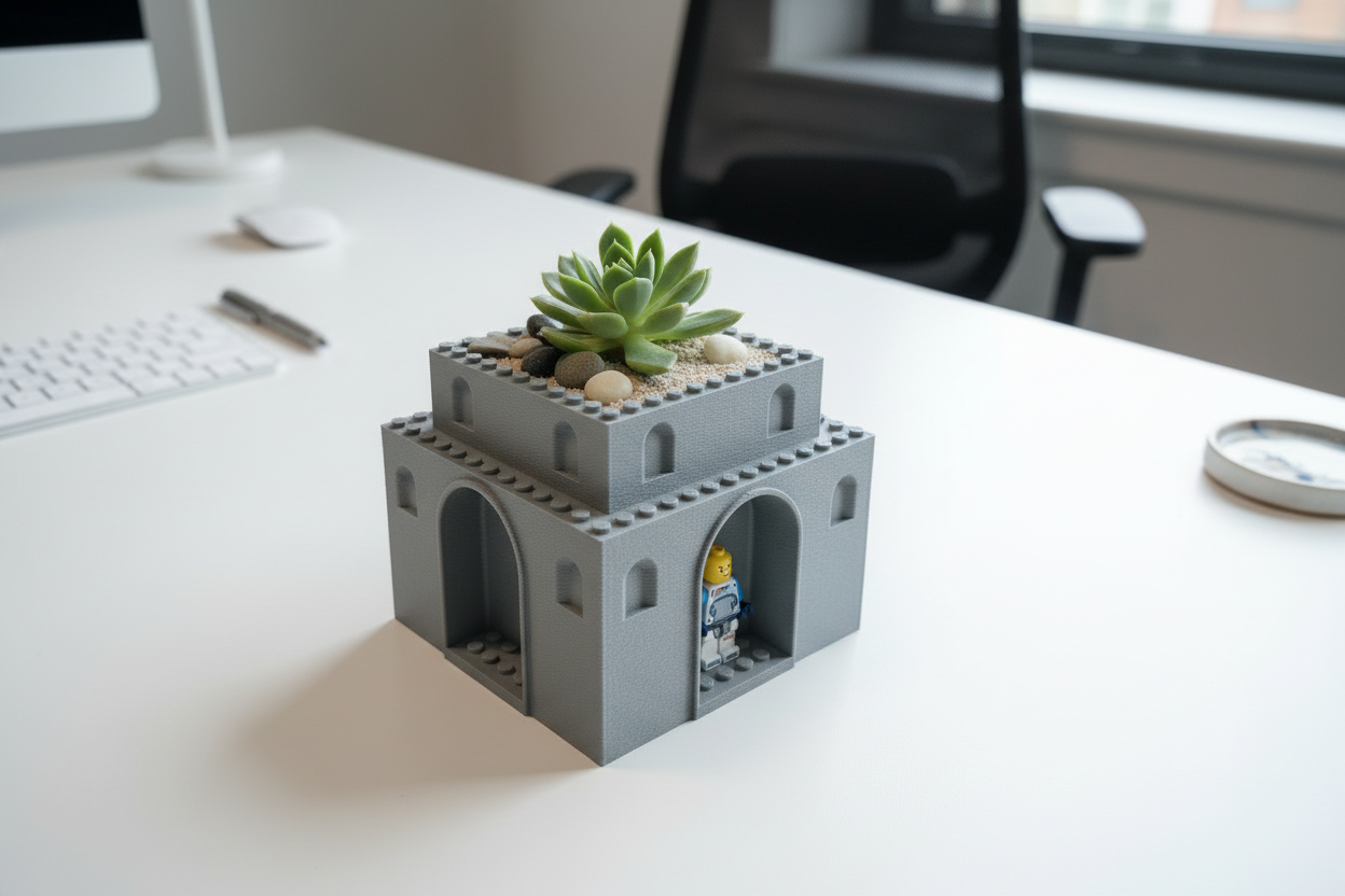 Castle planter on desk with plant and lego figure